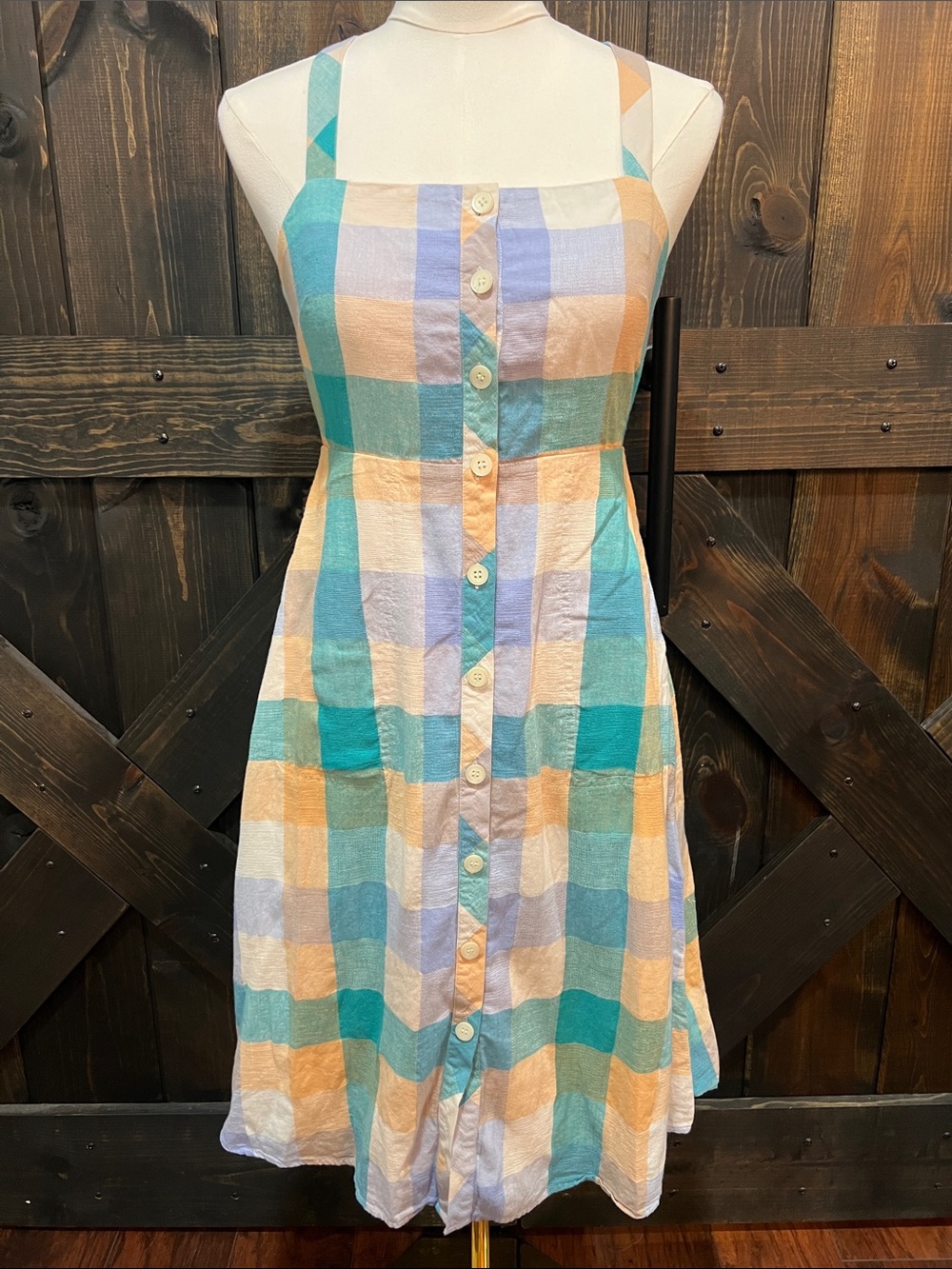 Madewell Linen Cotton Rainbow Check Tank Button Front Midi Dress 0 Plaid Preppy